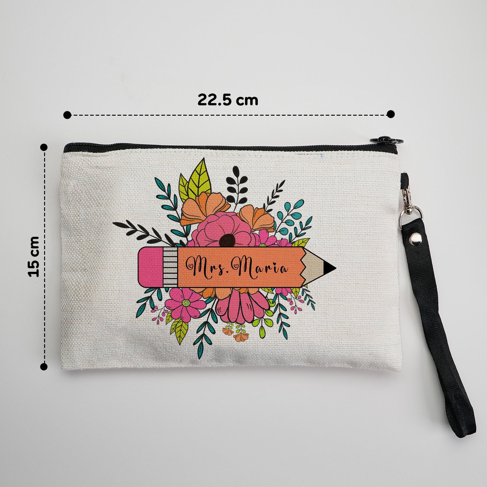 Custom canvas makeup bag with flower pencil design and name, ideal teacher gift.