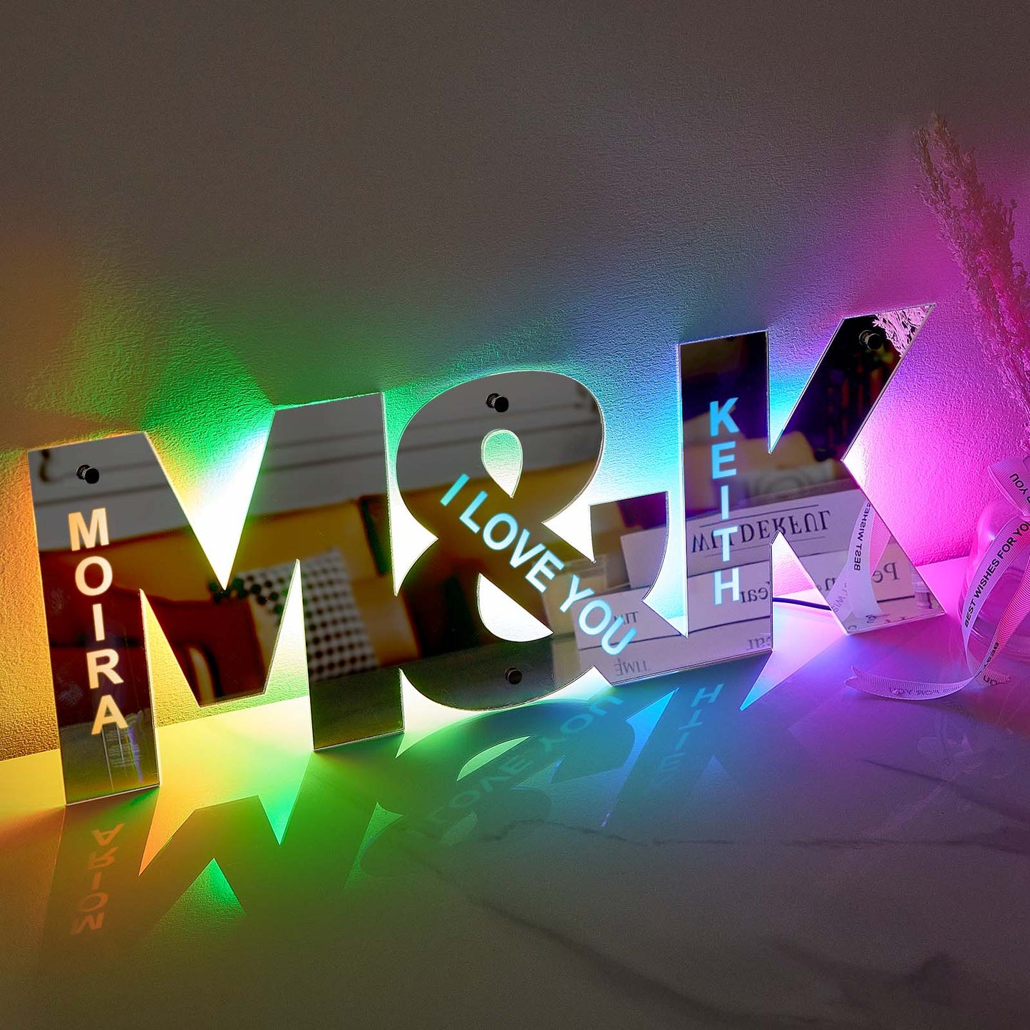 personalized couple letter mirror light wall decor