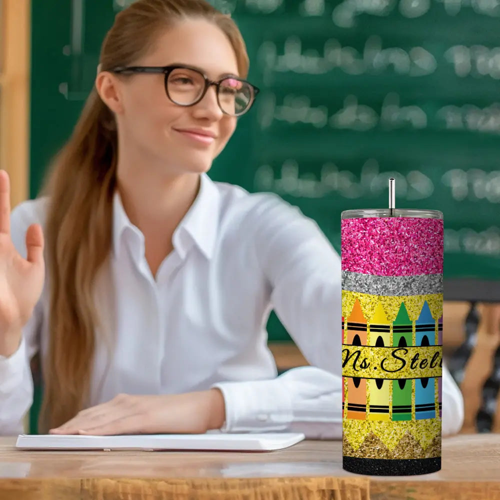 personalized glitter apple skinny tumbler teacher gift