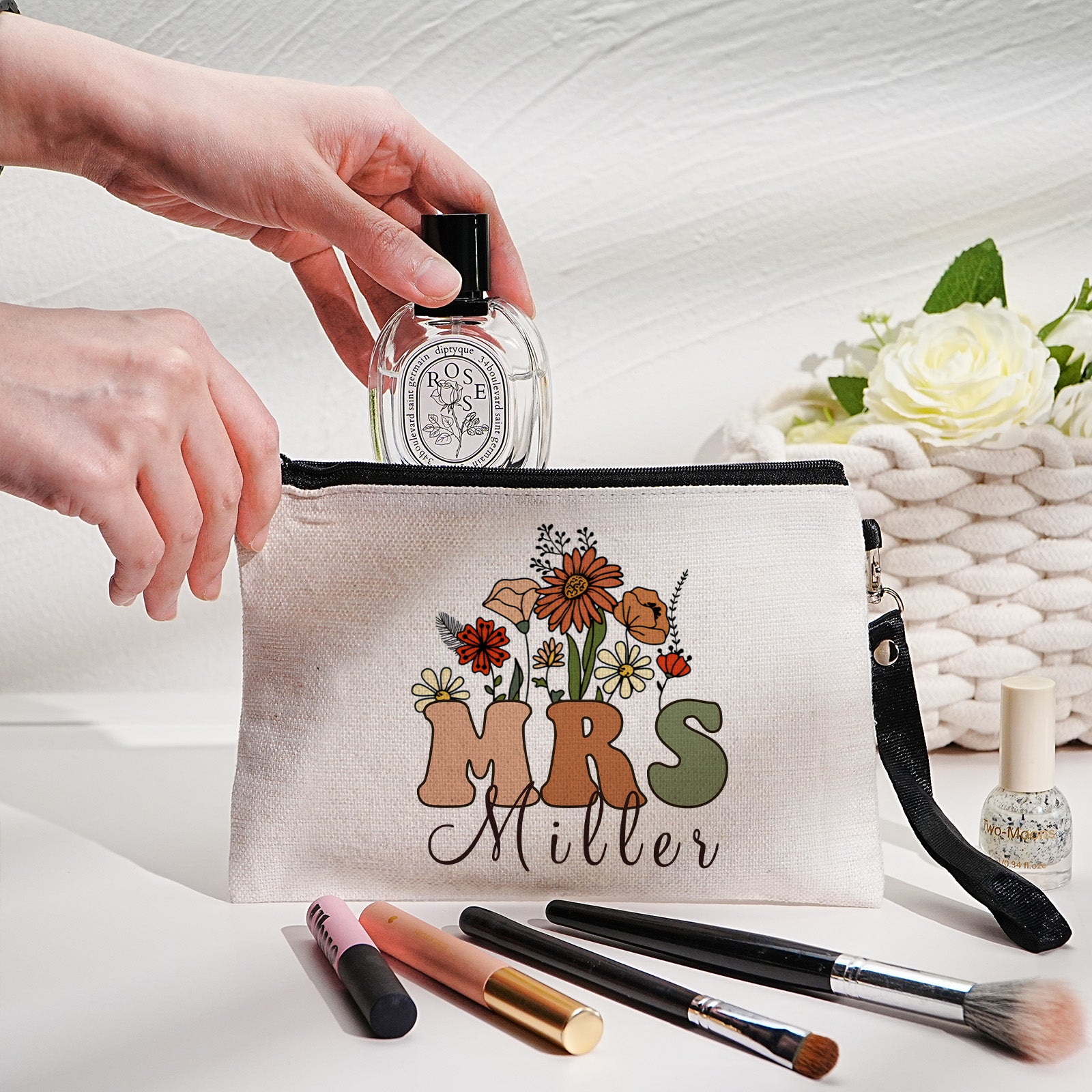 Custom canvas makeup bag with flower pencil design and name, ideal teacher gift.