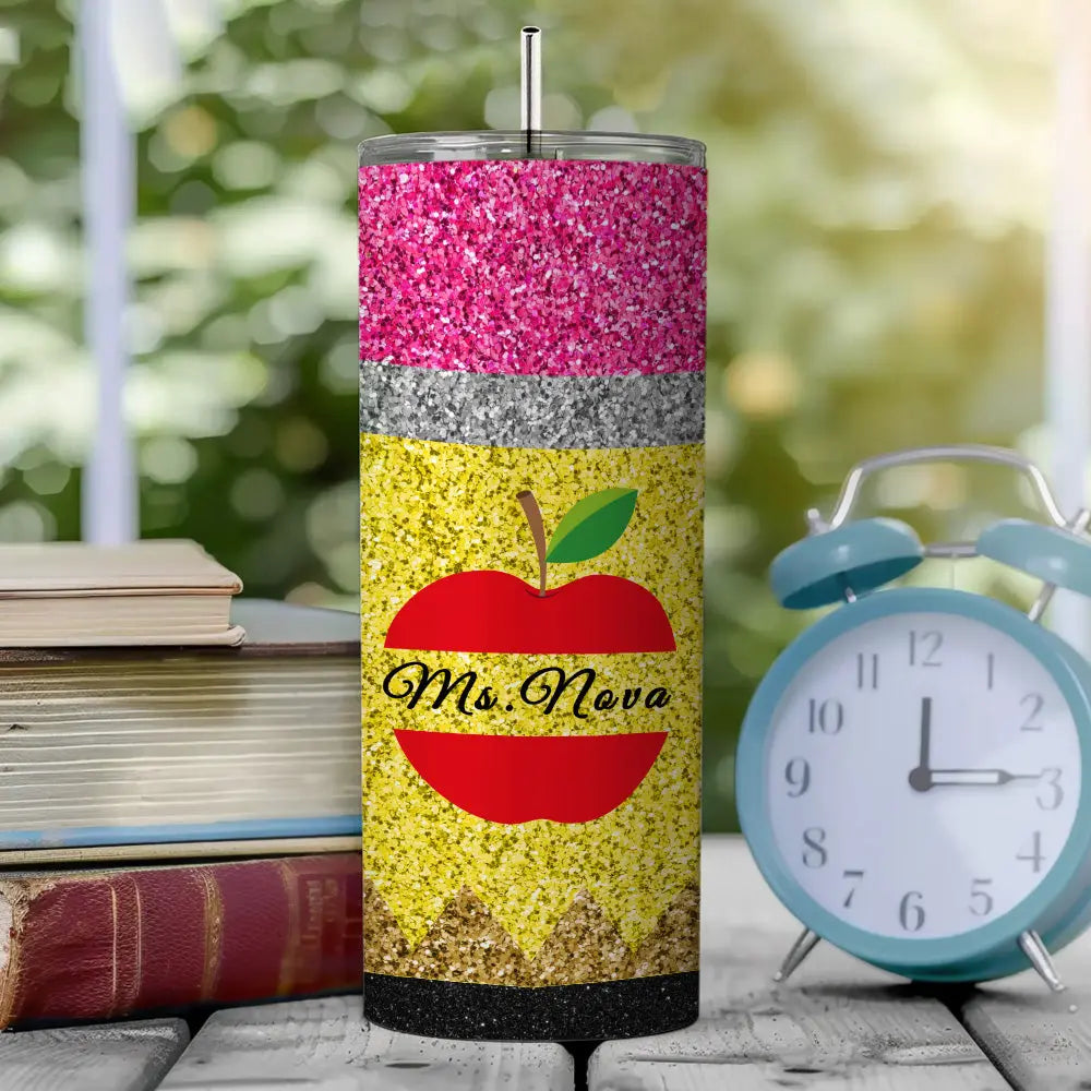 personalized glitter apple skinny tumbler teacher gift