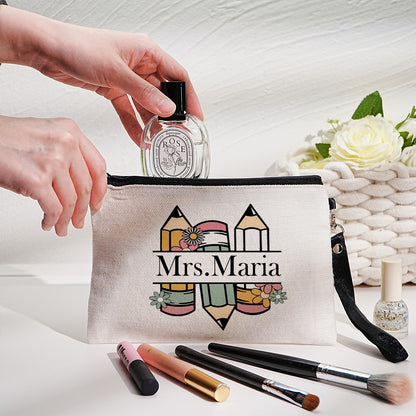 Custom canvas makeup bag with flower pencil design and name, ideal teacher gift.