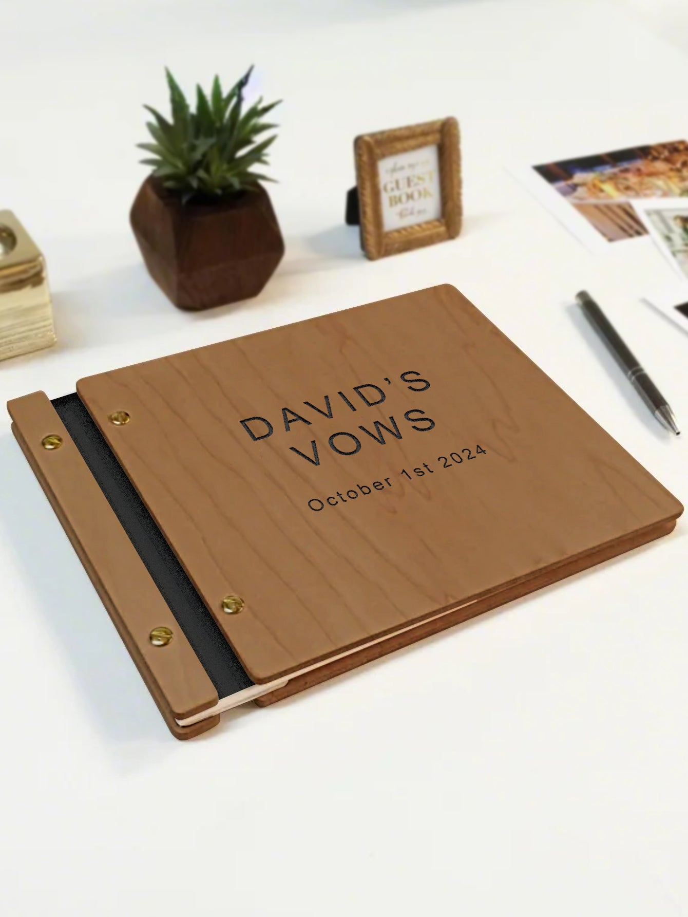 custom engraved wooden wedding guest book