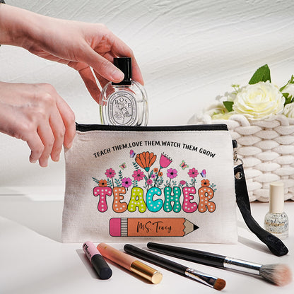 Custom canvas makeup bag with flower pencil design and name, ideal teacher gift.