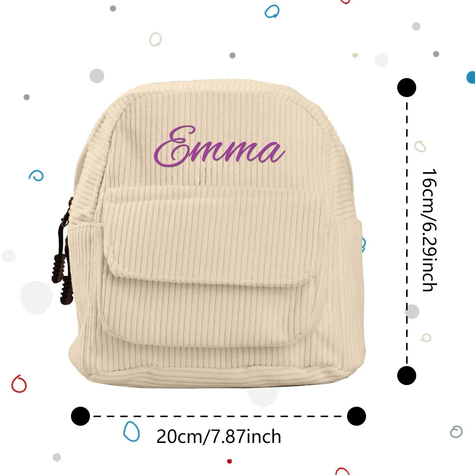 Personalized mini corduroy backpack with name, perfect for kids' school or back-to-school gift.