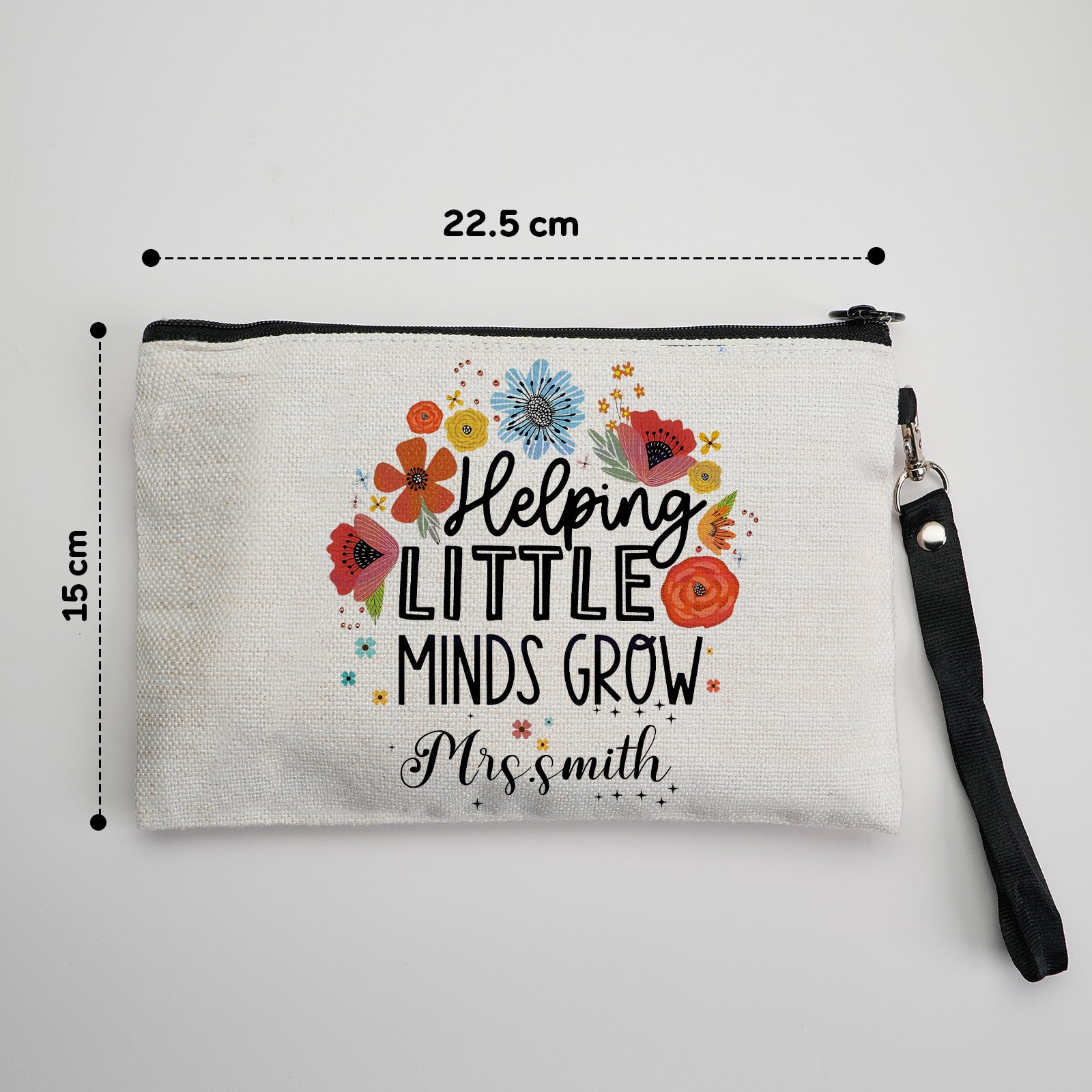 Custom canvas makeup bag with flower pencil design and name, ideal teacher gift.