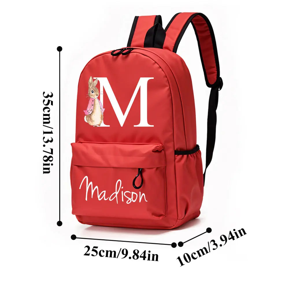 Personalized rabbit design backpack with name initial for kids school bag.