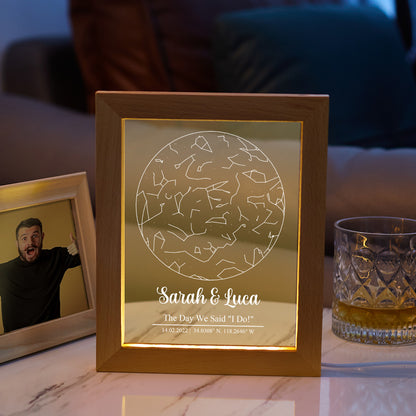 Custom engraved star map print night light with wood frame, perfect personalized gift for special occasions.