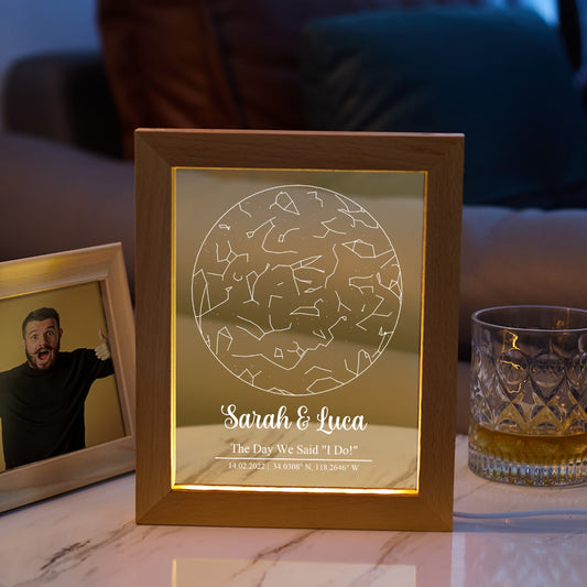 Custom engraved star map print night light with wood frame, perfect personalized gift for special occasions.