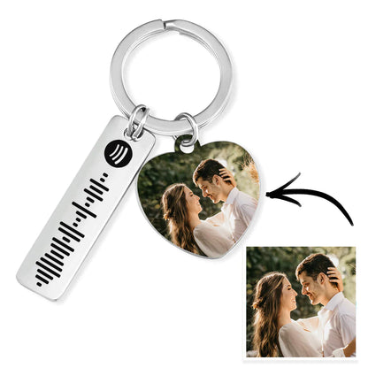 Personalized Spotify code keychain with custom photo and music song on stainless steel keyring.