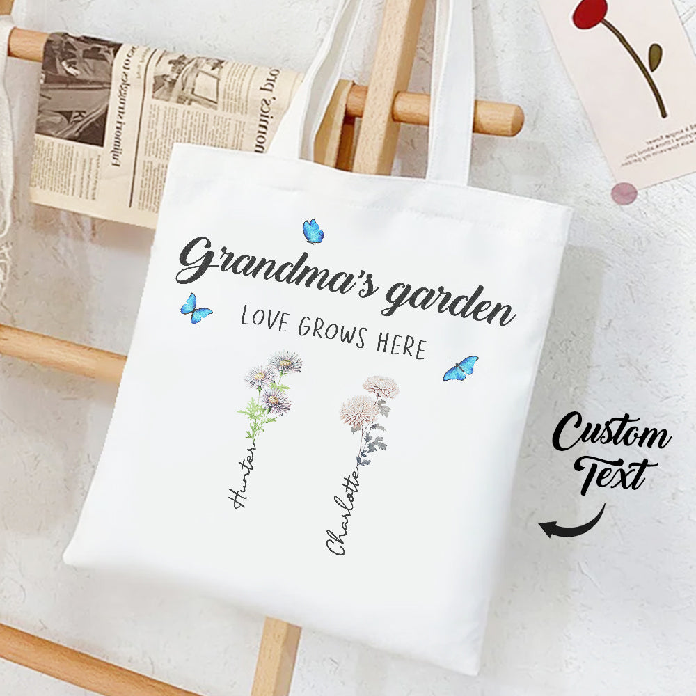 Personalized tote bag with birth flowers and kids' names, ideal gift for grandma or mom.