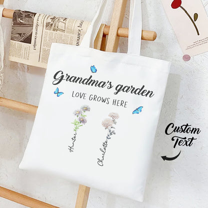 Personalized tote bag with birth flowers and kids' names, ideal gift for grandma or mom.