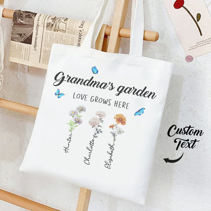 Personalized tote bag with birth flowers and kids' names, ideal gift for grandma or mom.