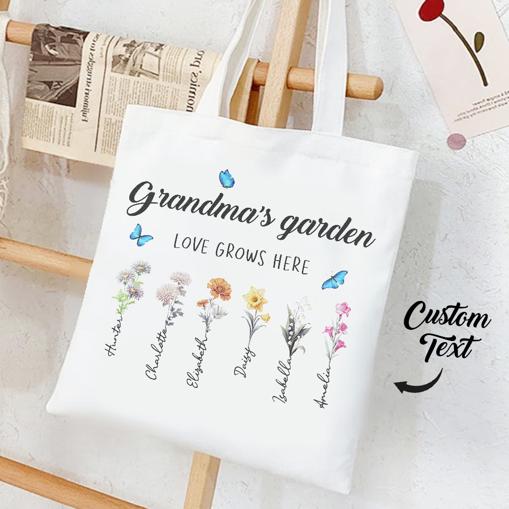 Personalized tote bag with birth flowers and kids' names, ideal gift for grandma or mom.