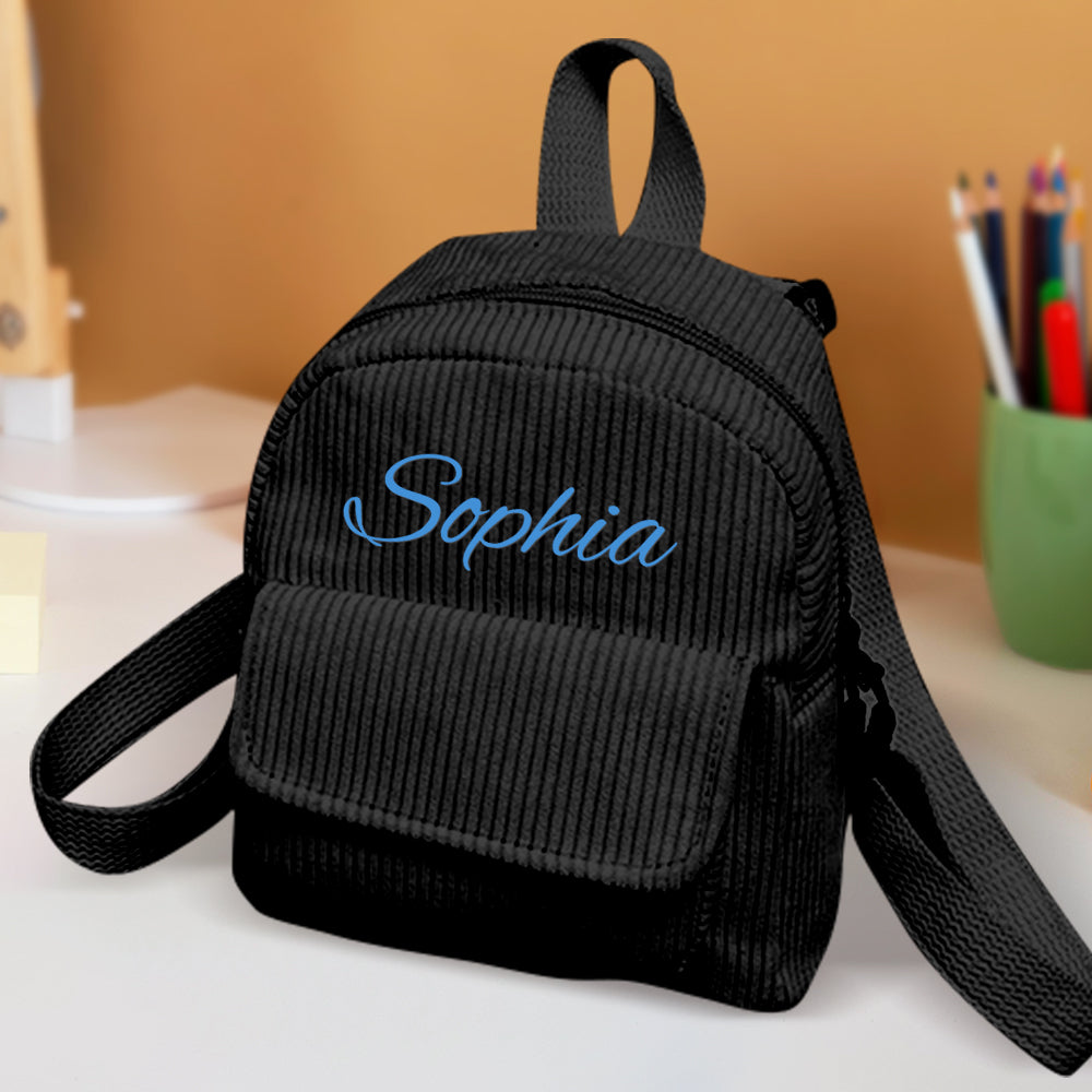 Personalized mini corduroy backpack with name, perfect for kids' school or back-to-school gift.