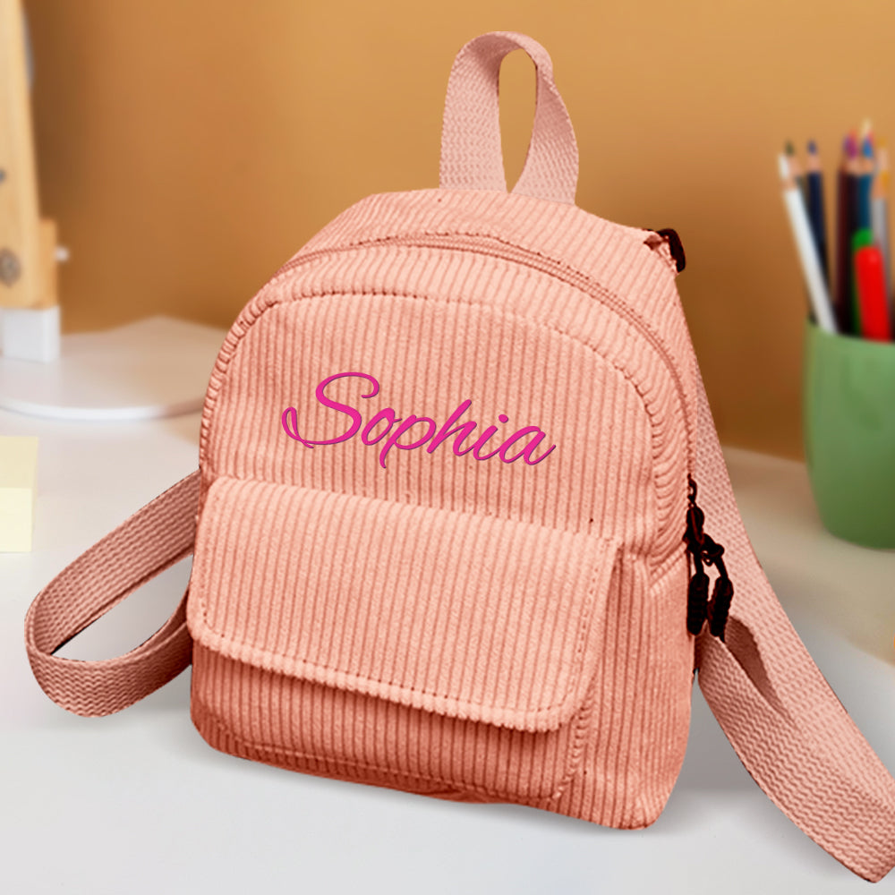 Personalized mini corduroy backpack with name, perfect for kids' school or back-to-school gift.