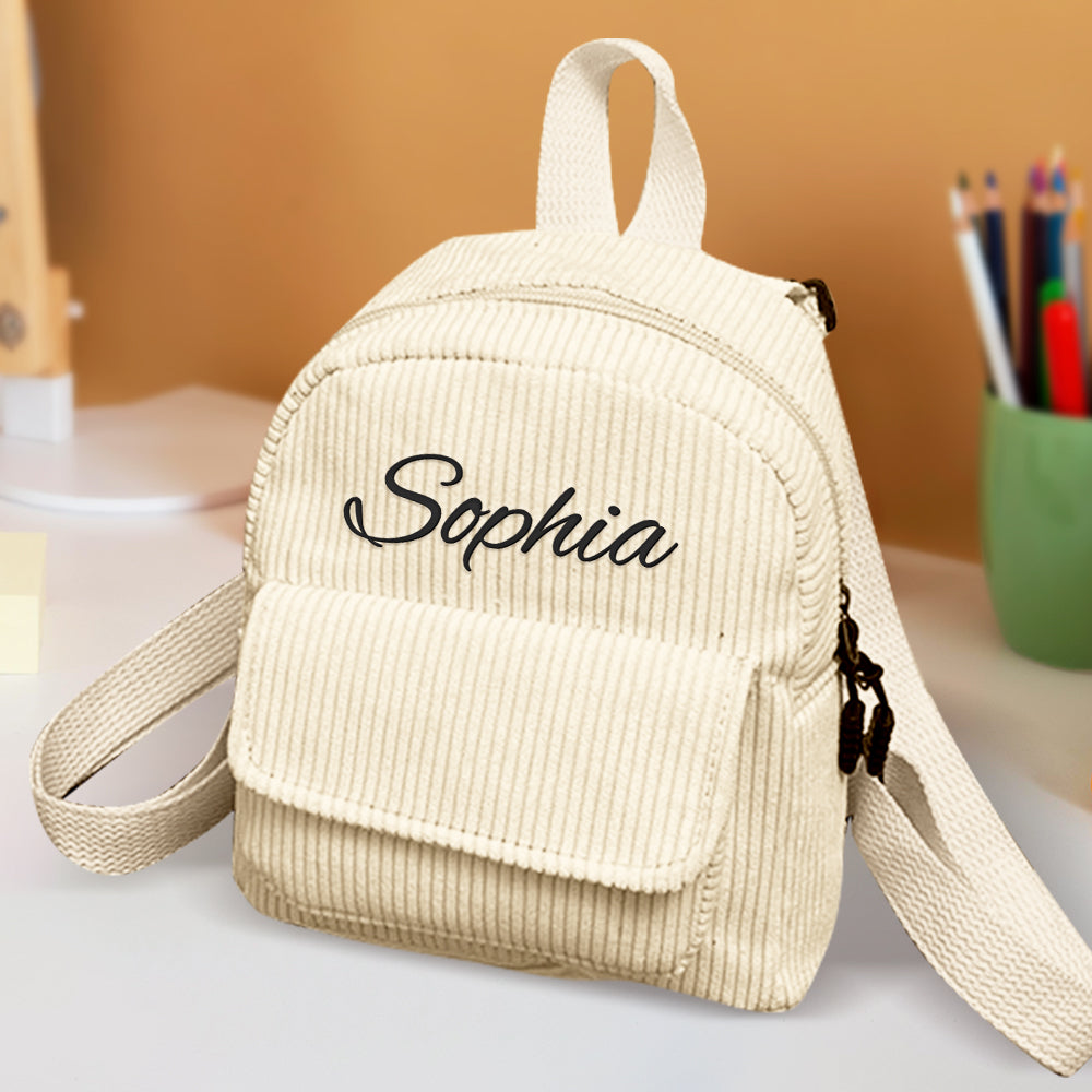 Personalized mini corduroy backpack with name, perfect for kids' school or back-to-school gift.