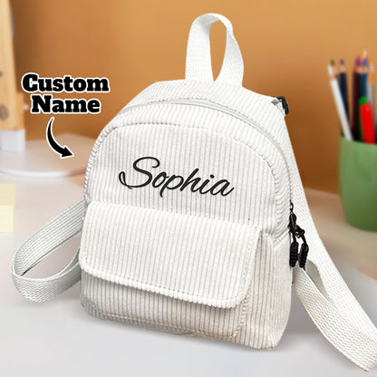 Personalized mini corduroy backpack with name, perfect for kids' school or back-to-school gift.