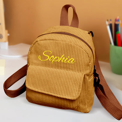 Personalized mini corduroy backpack with name, perfect for kids' school or back-to-school gift.