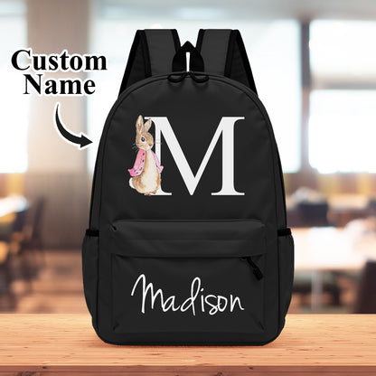 Personalized rabbit design backpack with name initial for kids school bag.