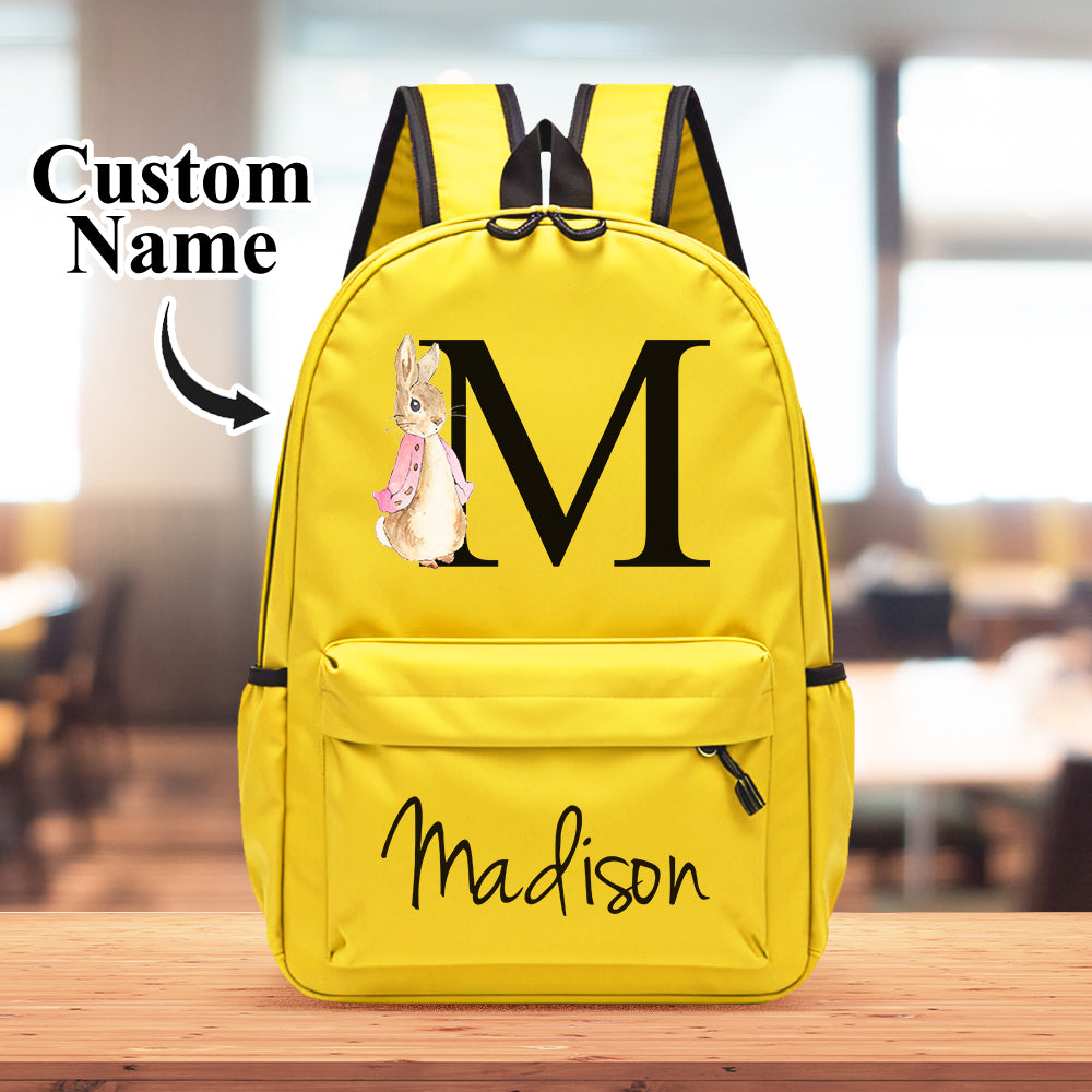 Personalized rabbit design backpack with name initial for kids school bag.