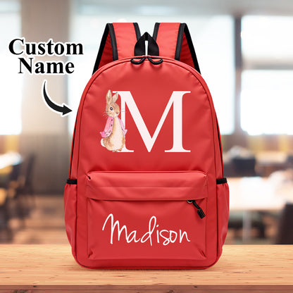 Personalized rabbit design backpack with name initial for kids school bag.