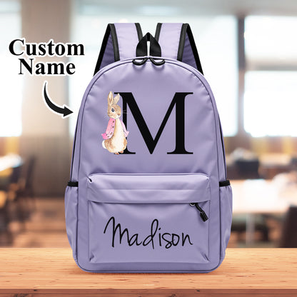 Personalized rabbit design backpack with name initial for kids school bag.