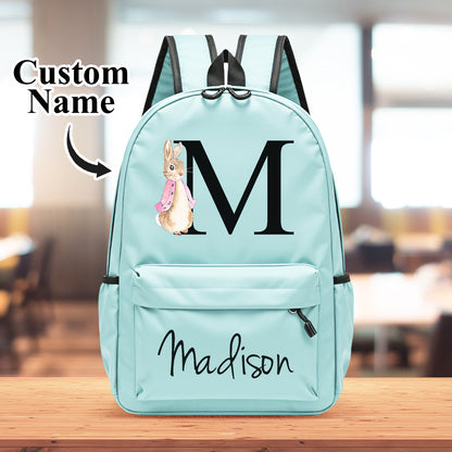 Personalized rabbit design backpack with name initial for kids school bag.