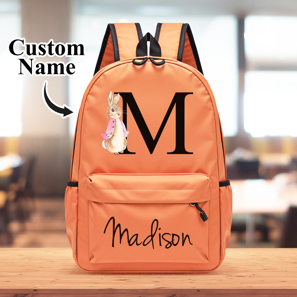 Personalized rabbit design backpack with name initial for kids school bag.