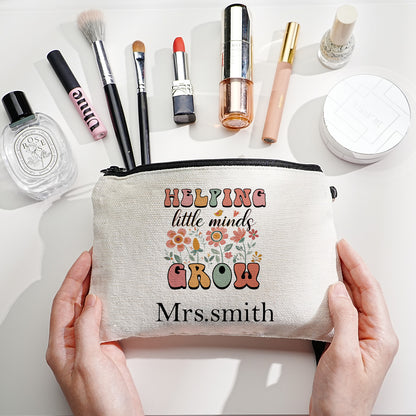 Custom canvas makeup bag with flower pencil design and name, ideal teacher gift.