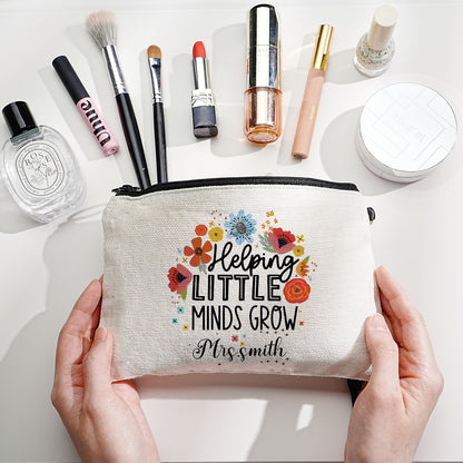 Custom canvas makeup bag with flower pencil design and name, ideal teacher gift.