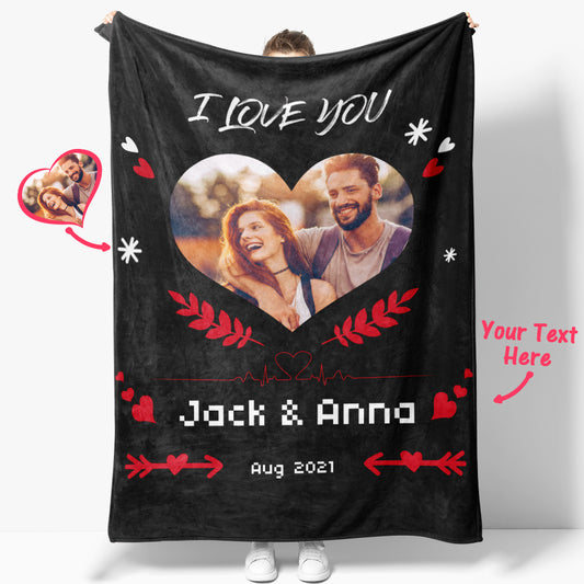 Heart-shaped custom photo blanket with "I Love You" design, perfect personalized gift for couples, anniversaries, and Valentine's Day.