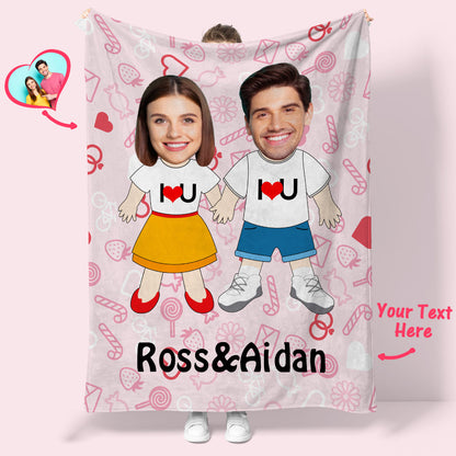 I LOVE U custom names face blanket personalized couple gift.