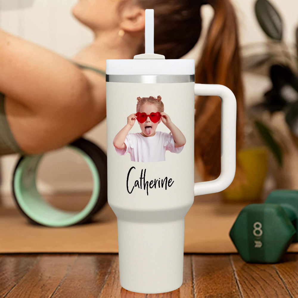 personalized insulated travel mug with handle and straw