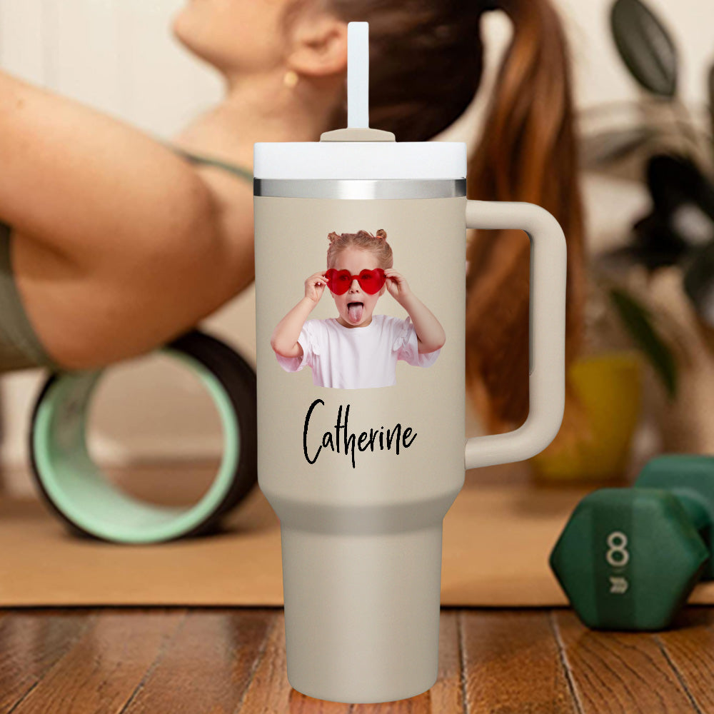 personalized insulated travel mug with handle and straw