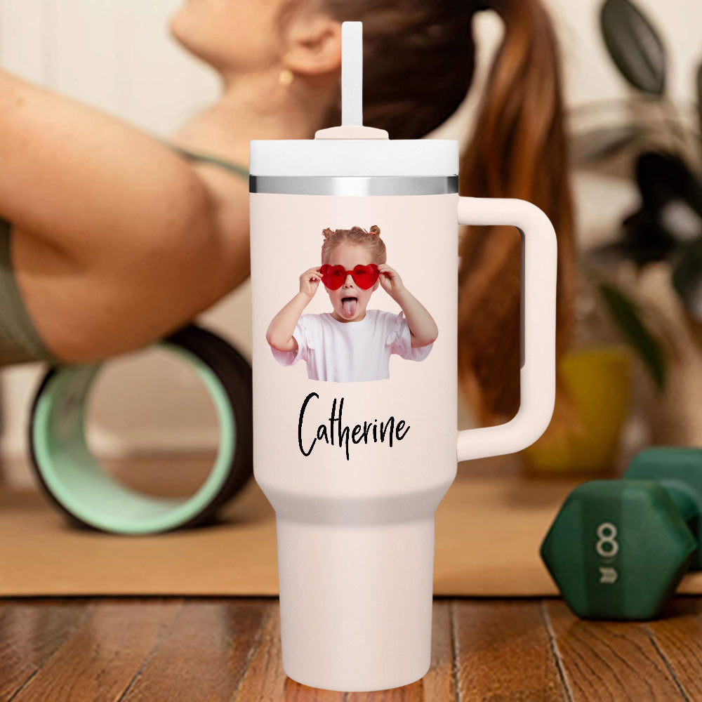 personalized insulated travel mug with handle and straw