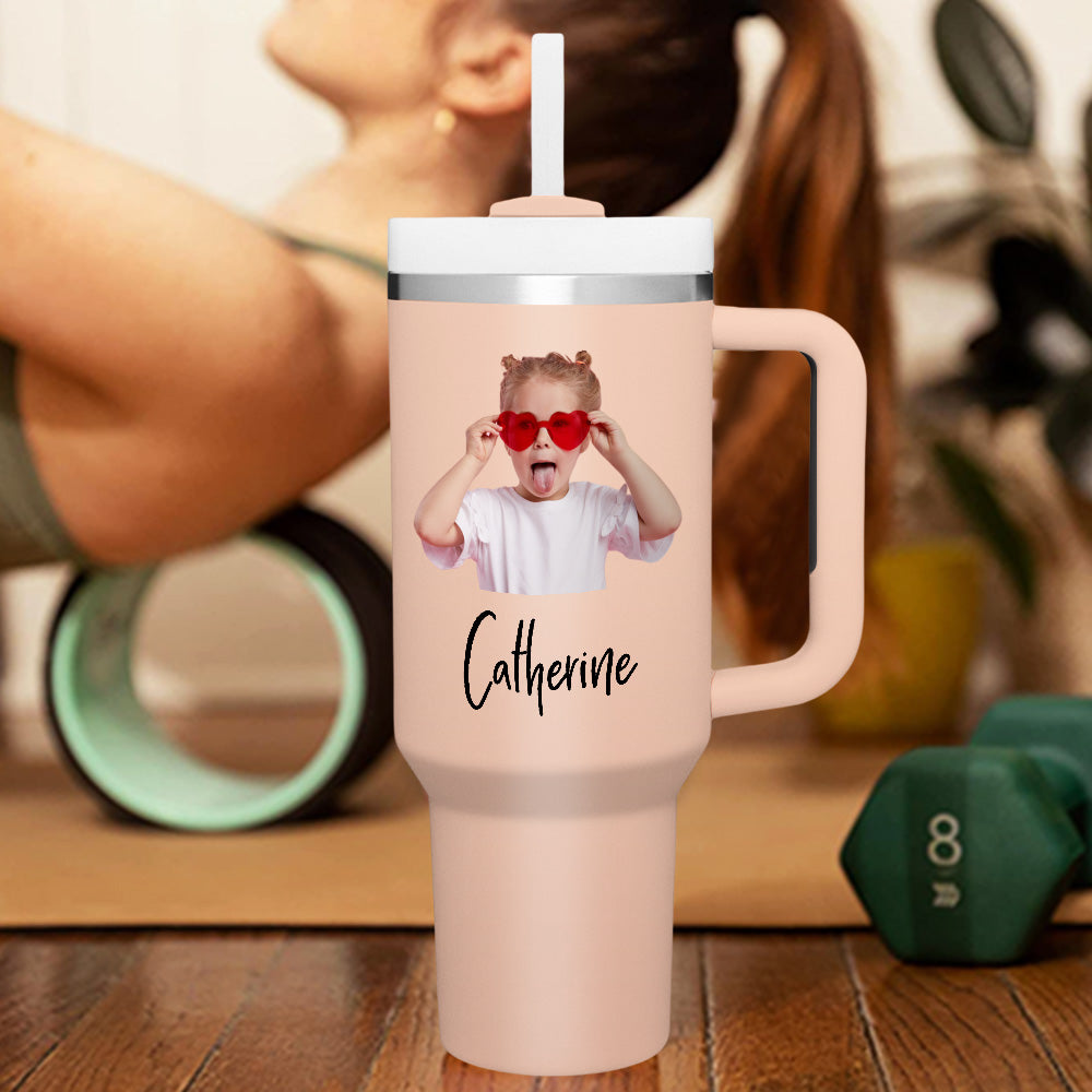 personalized insulated travel mug with handle and straw