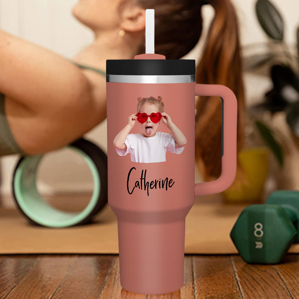 personalized insulated travel mug with handle and straw