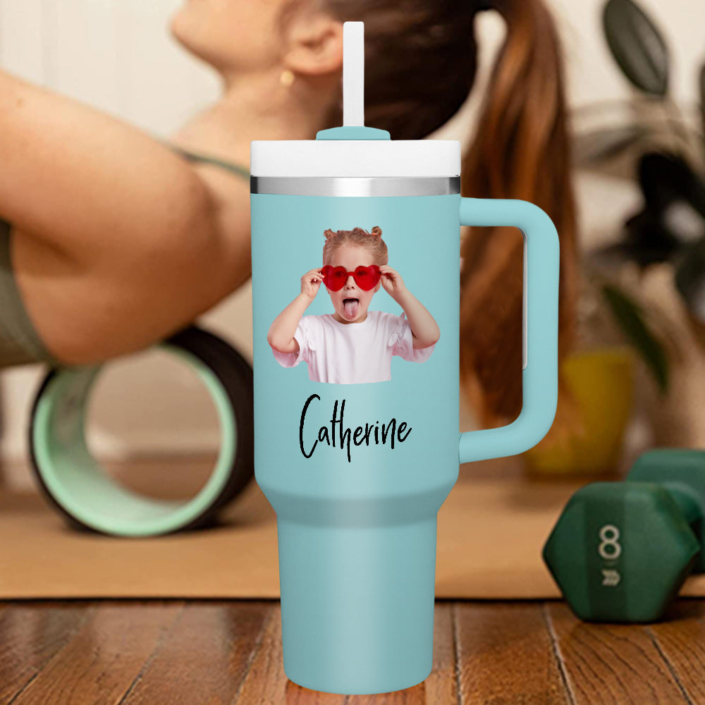 personalized insulated travel mug with handle and straw