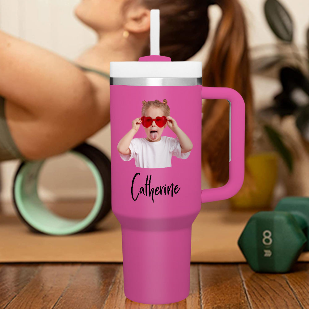 personalized insulated travel mug with handle and straw