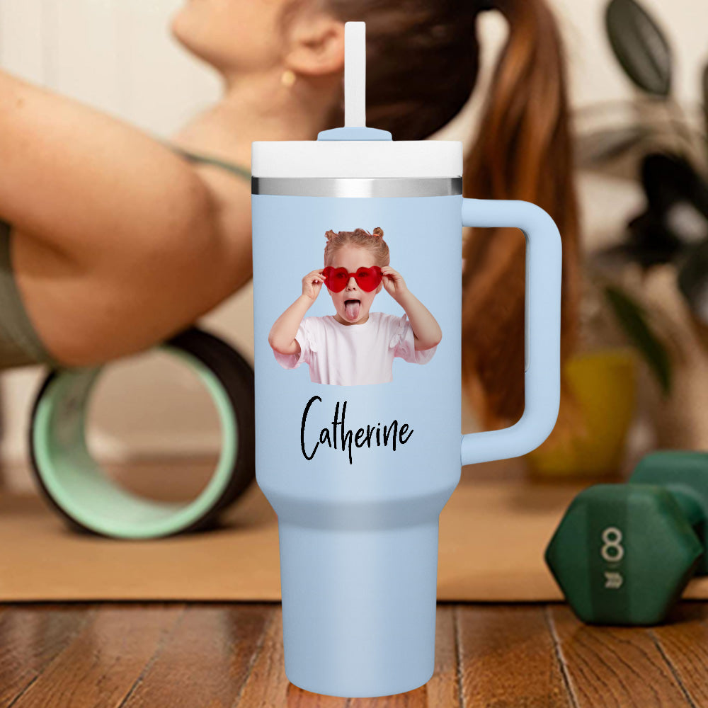 personalized insulated travel mug with handle and straw