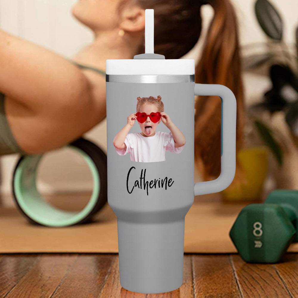 personalized insulated travel mug with handle and straw