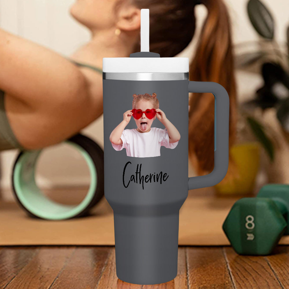 personalized insulated travel mug with handle and straw