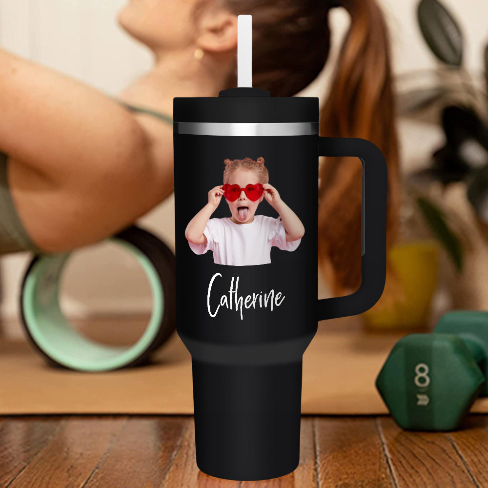 personalized insulated travel mug with handle and straw