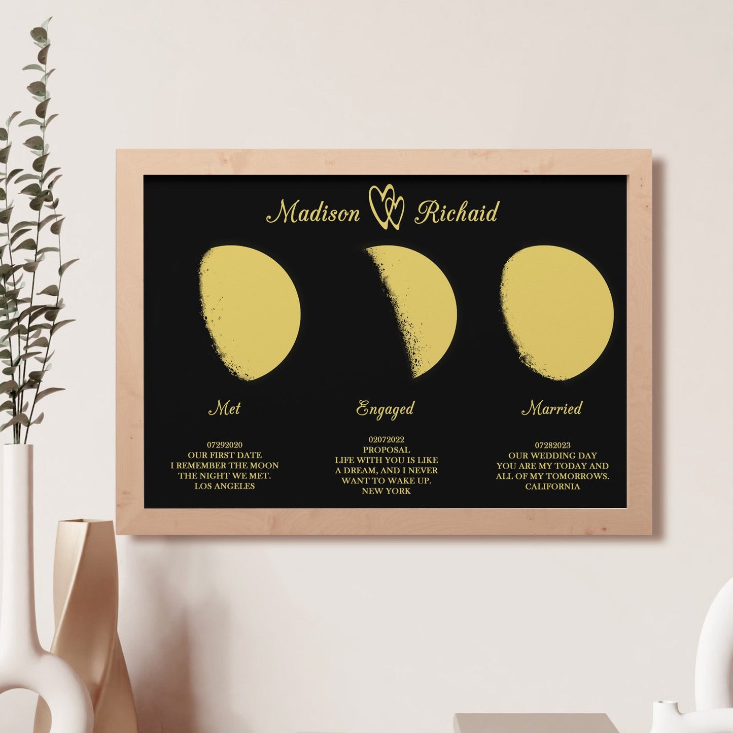 Custom moon phase wooden frame with personalized name and text