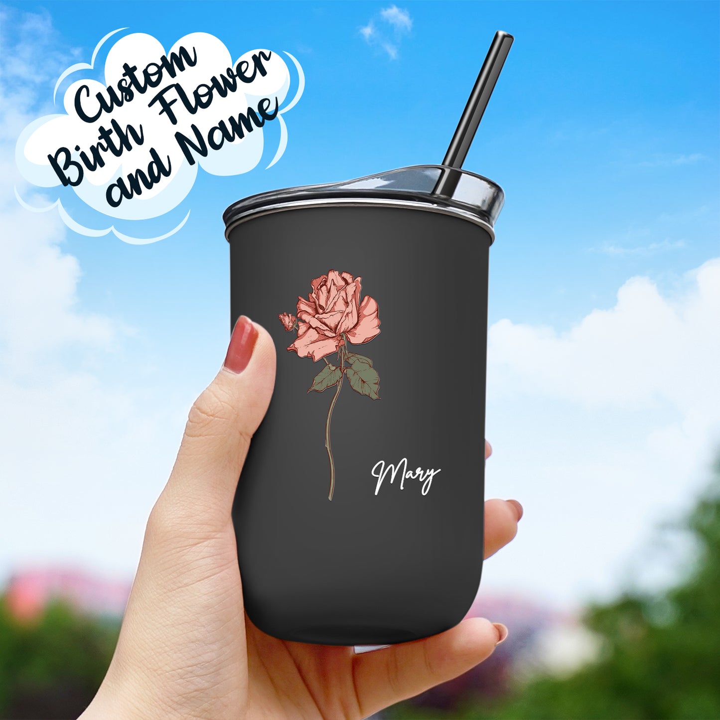 custom name birth flower straw coffee cup personalized gift