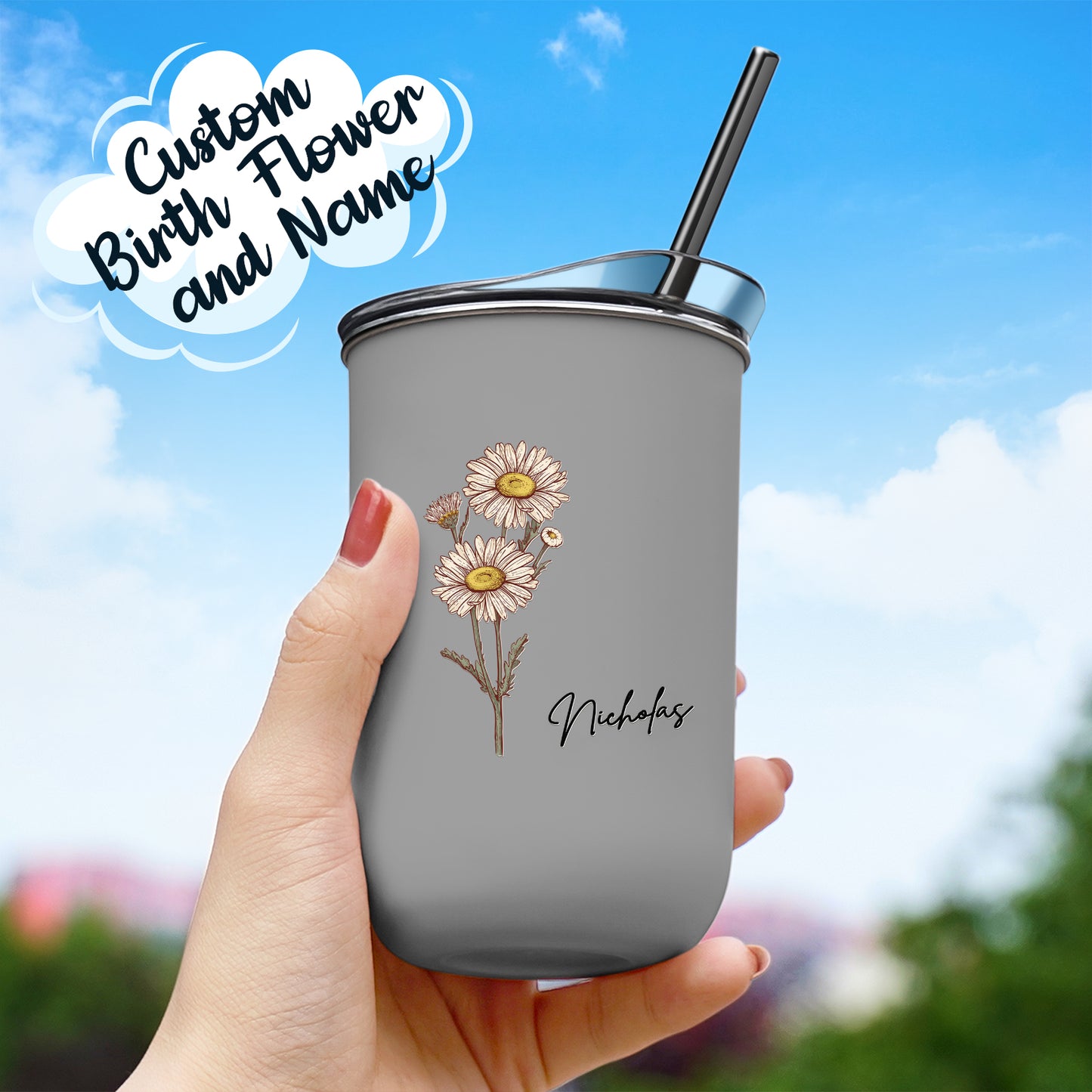 custom name birth flower straw coffee cup personalized gift