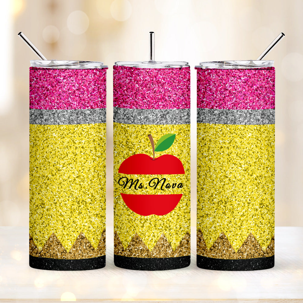 personalized glitter apple skinny tumbler teacher gift