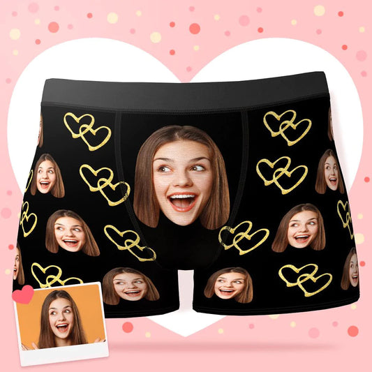 Personalized face boxer shorts with golden love design for Valentine's Day gift.