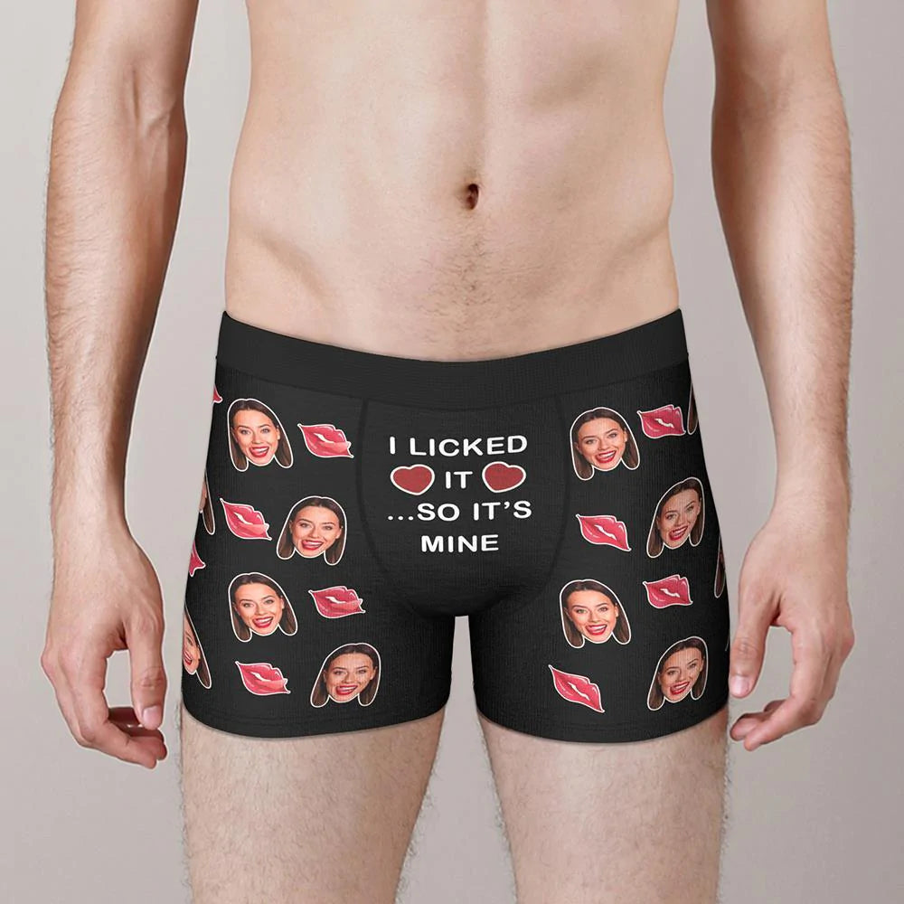 Custom face boxer Valentine's Day gift with "I Licked It So It's Mine" text.